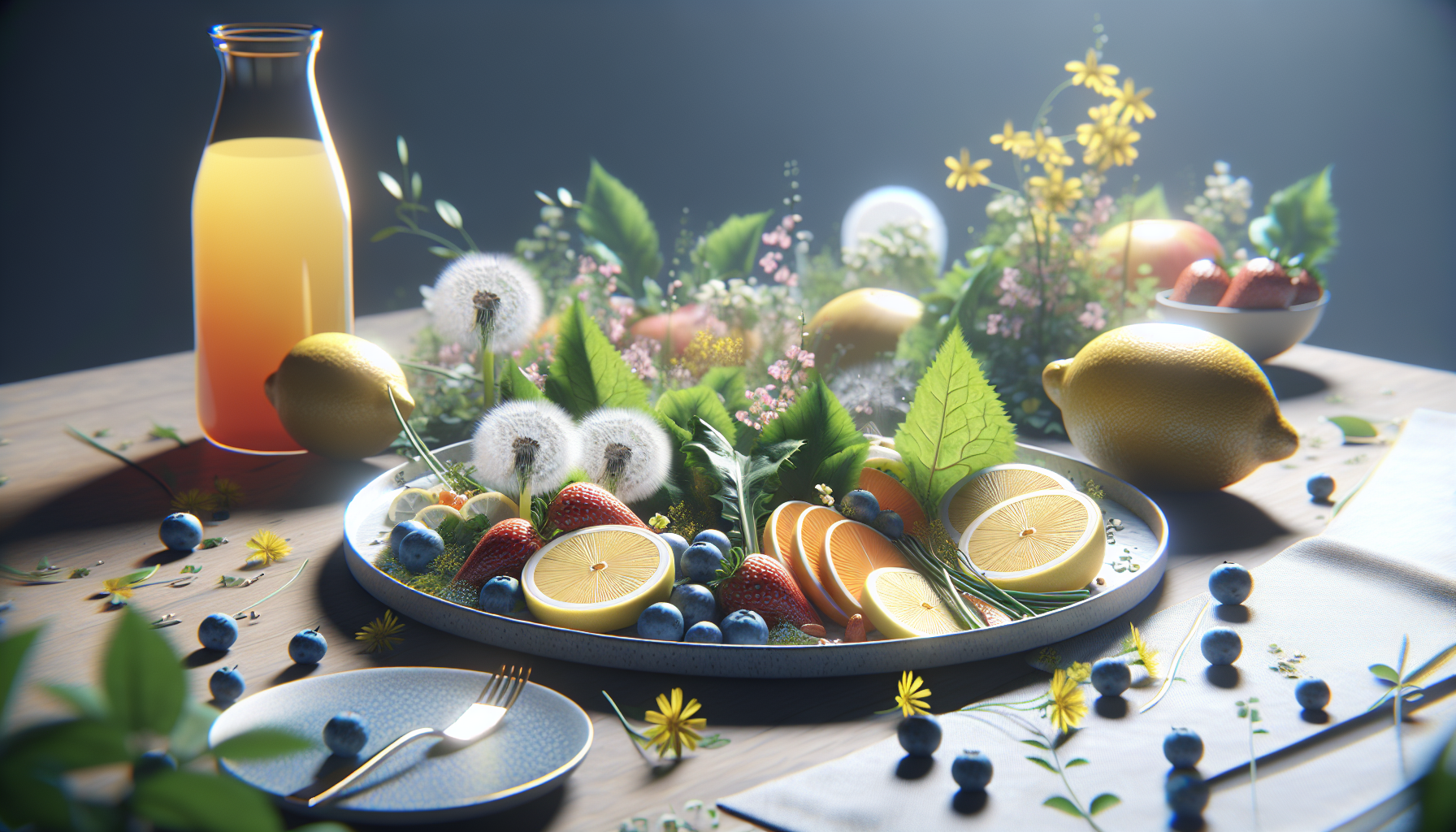 Platos con diente de león y limón fresco