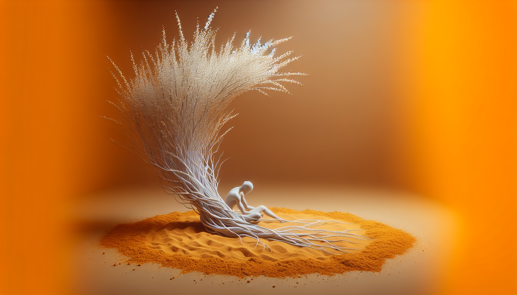 Rama de sauce blanco sobre fondo de cúrcuma molida