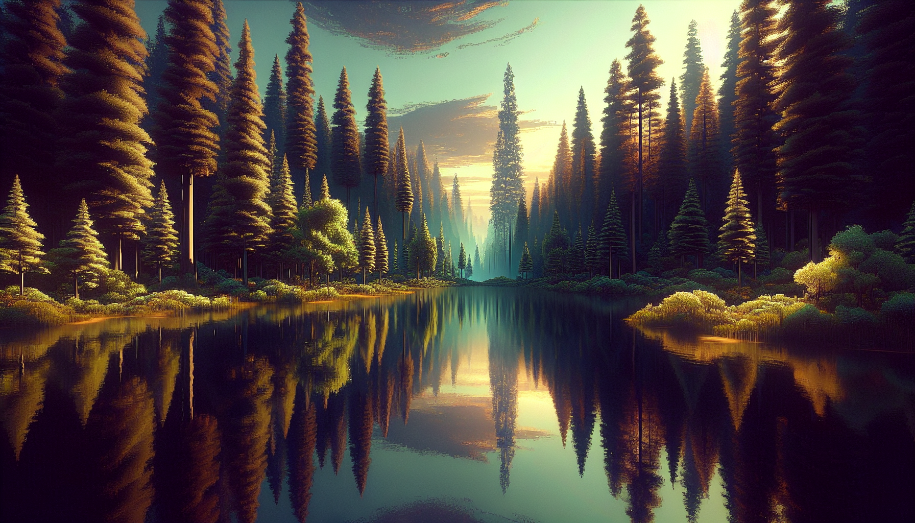 Lago en calma rodeado de pinos reflejando cielo sereno