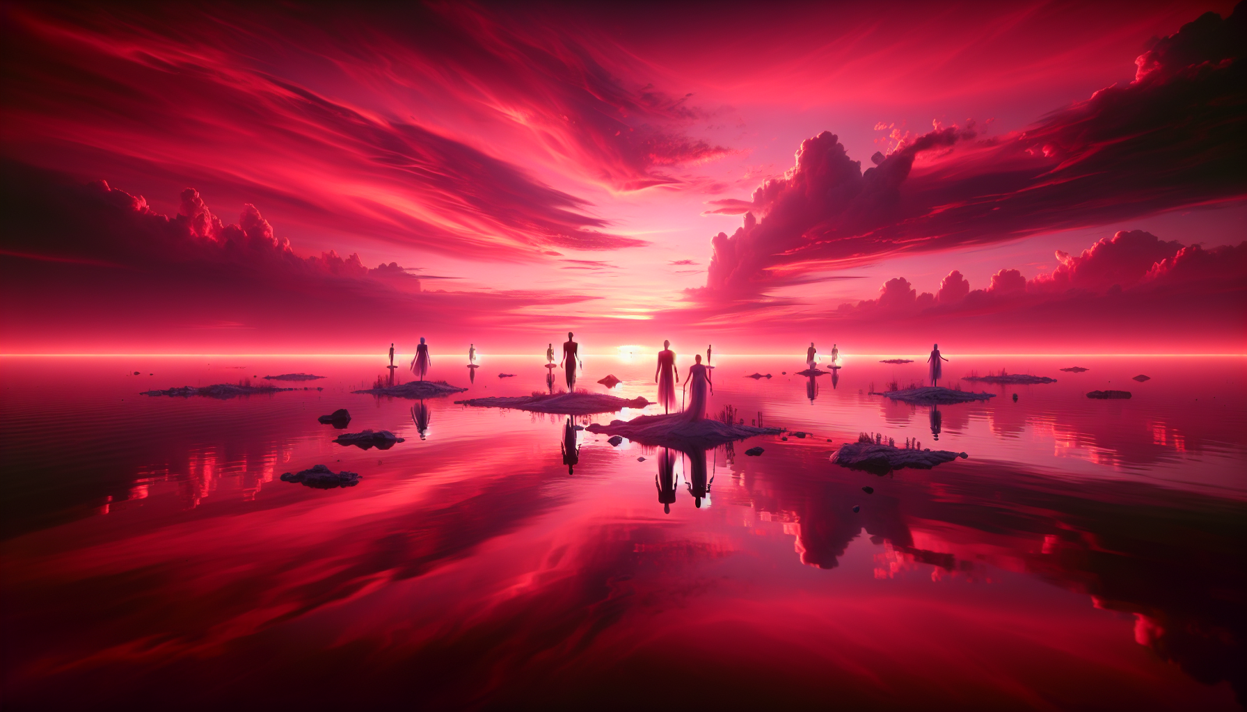 Cielo carmesí reflejado en espejo de agua salobre