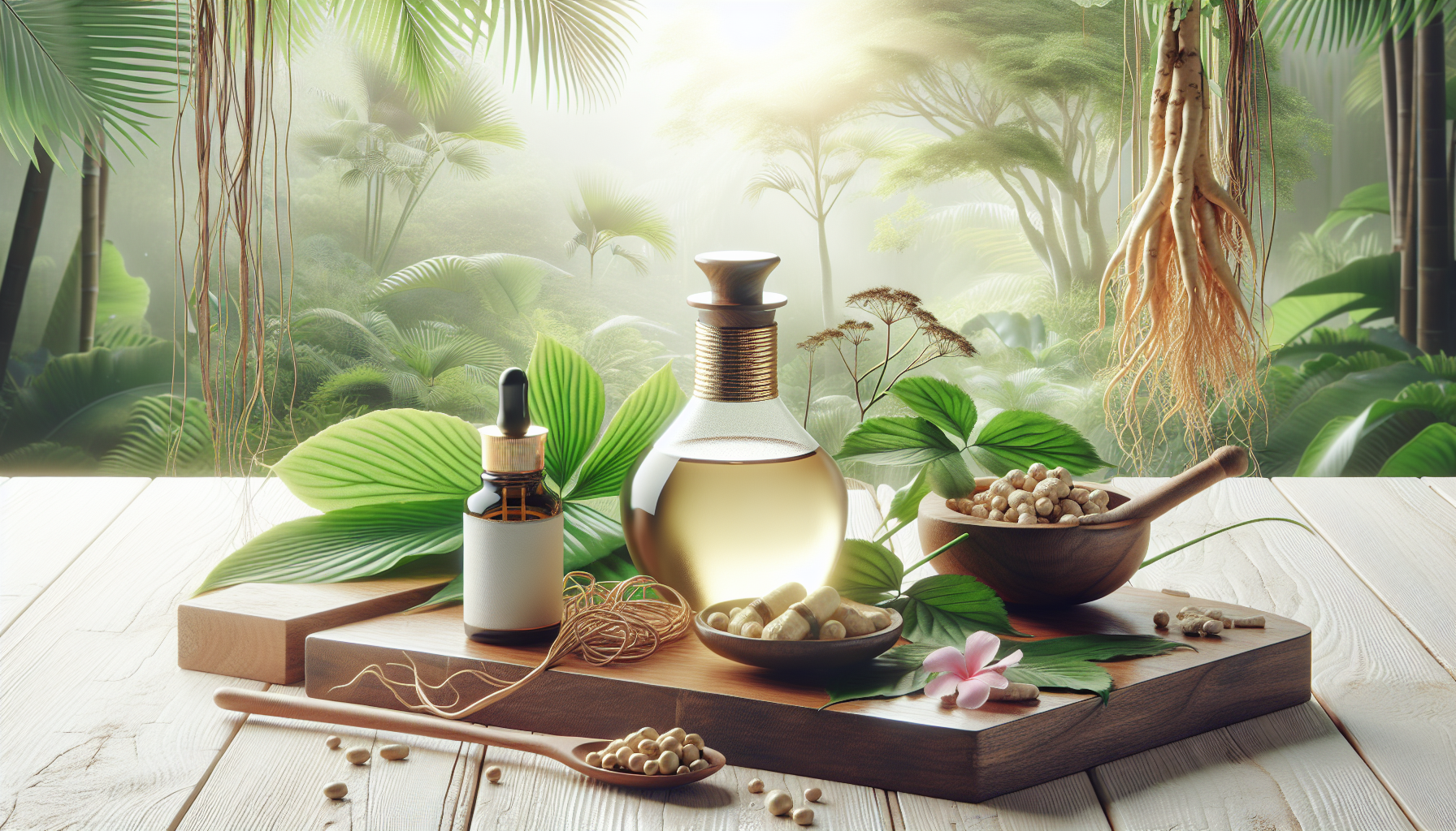 Escritorio de madera clara con infusión de ginseng y bergamota