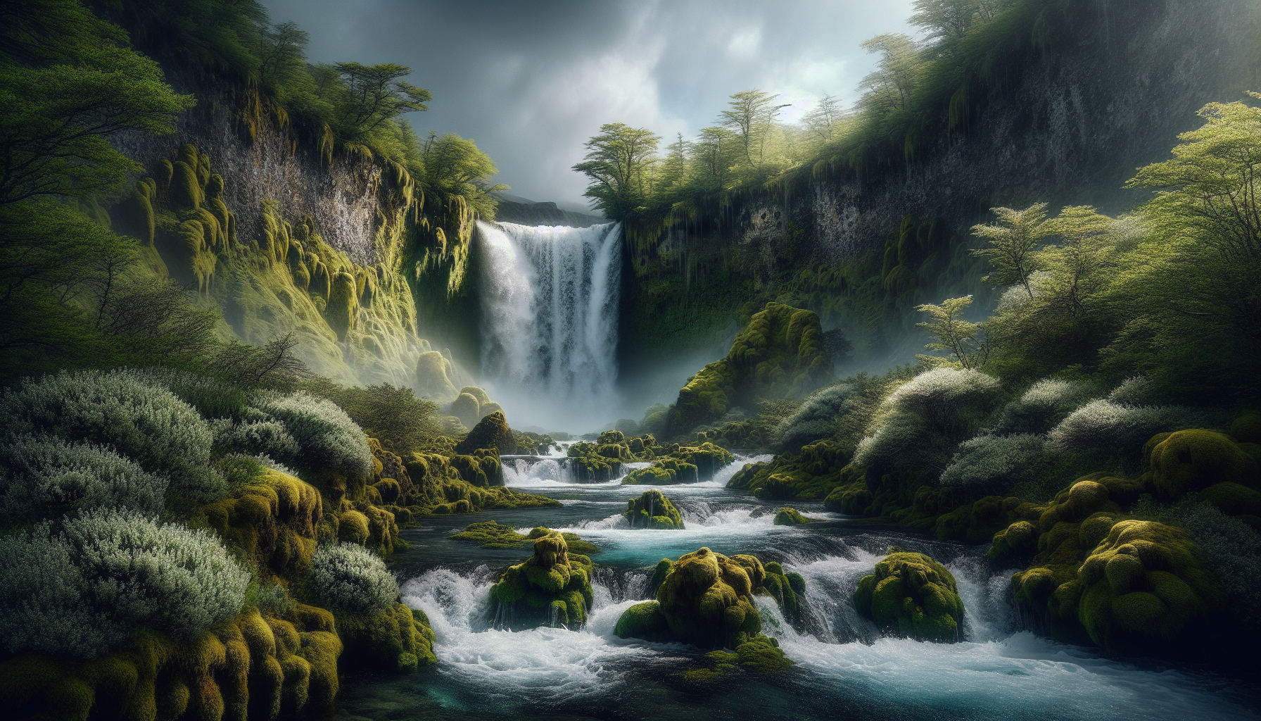 Cascada cristalina rodeada de líquenes y tomillo silvestre