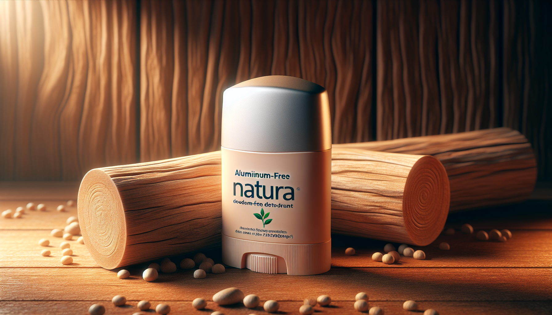 Un frasco de desodorante Natura sin aluminio sobre una superficie de madera
