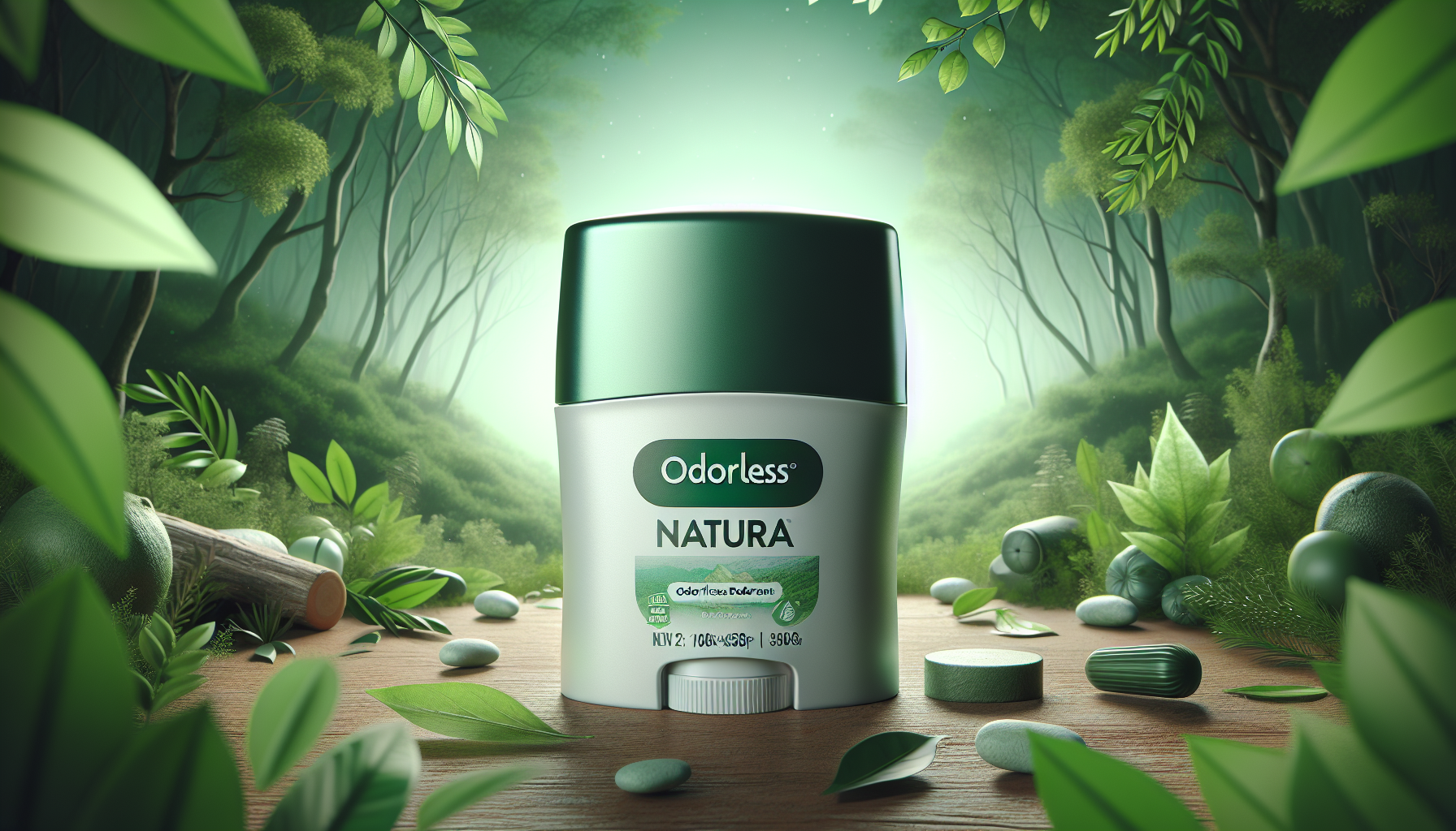 Envase de desodorante Natura sin olor sobre fondo ecológico