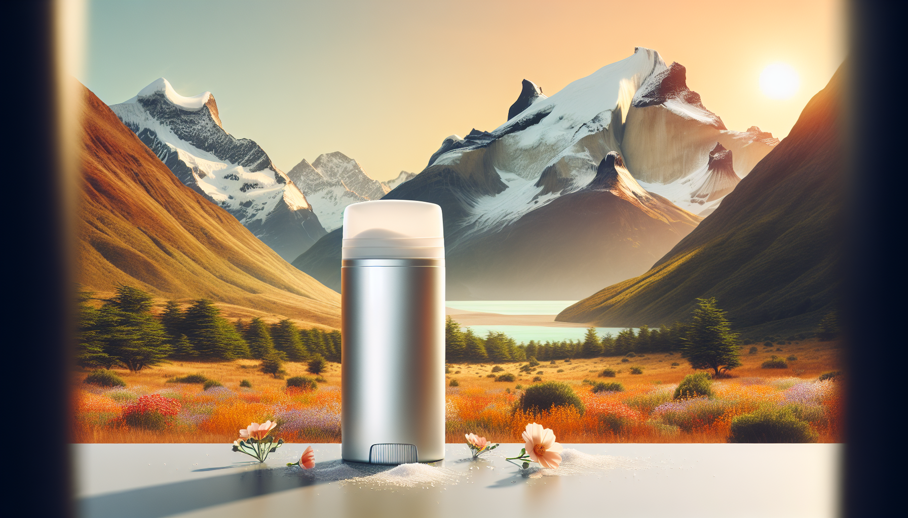Envase de desodorante sin aluminio con paisaje chileno de fondo