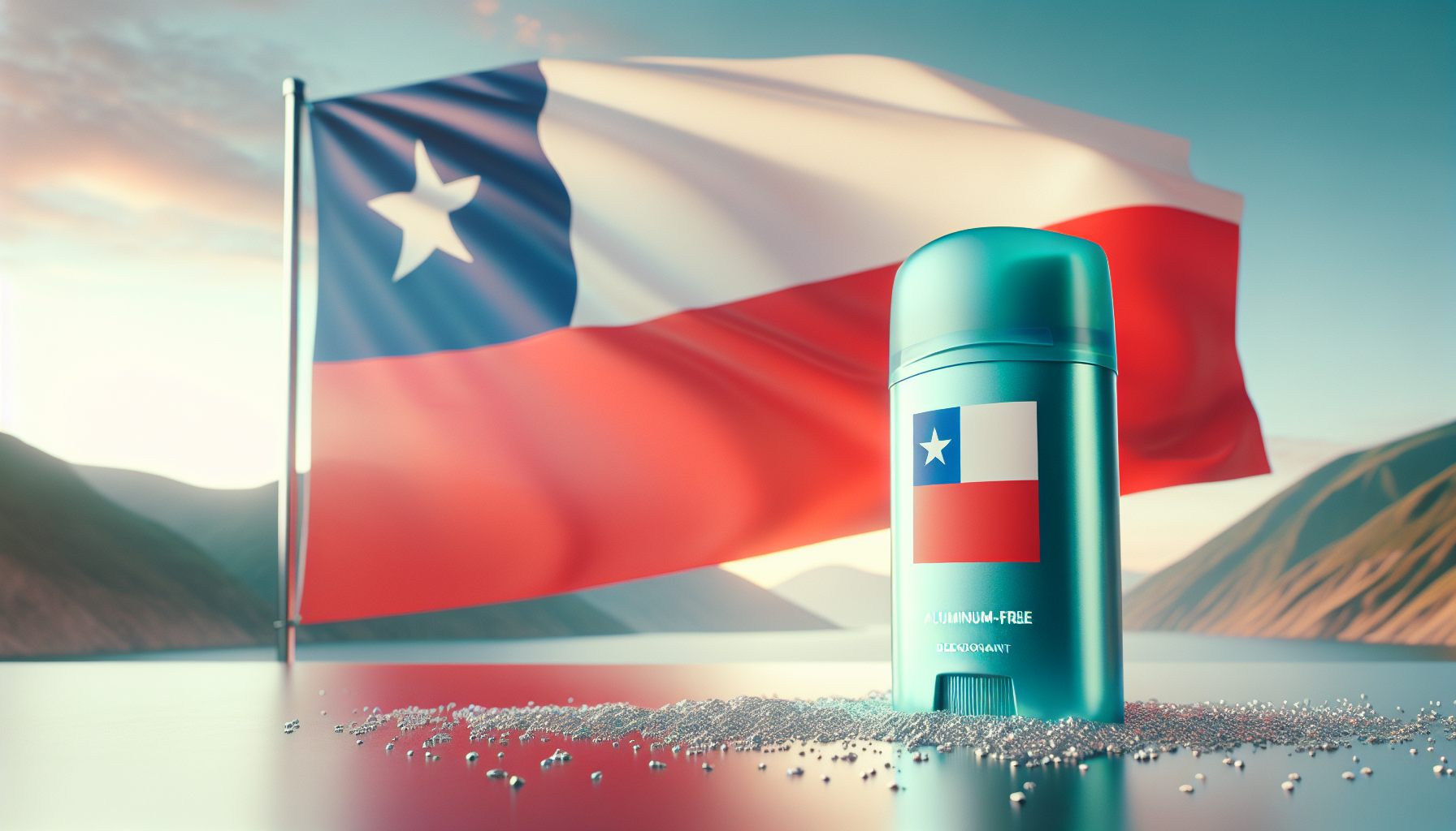 Frasco de desodorante sin aluminio con bandera chilena de fondo