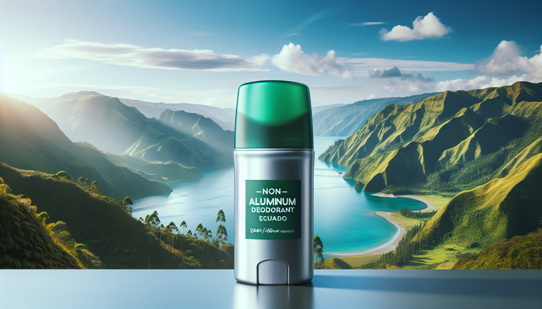 Frasco de desodorante sin aluminio sobre fondo con paisajes ecuatorianos