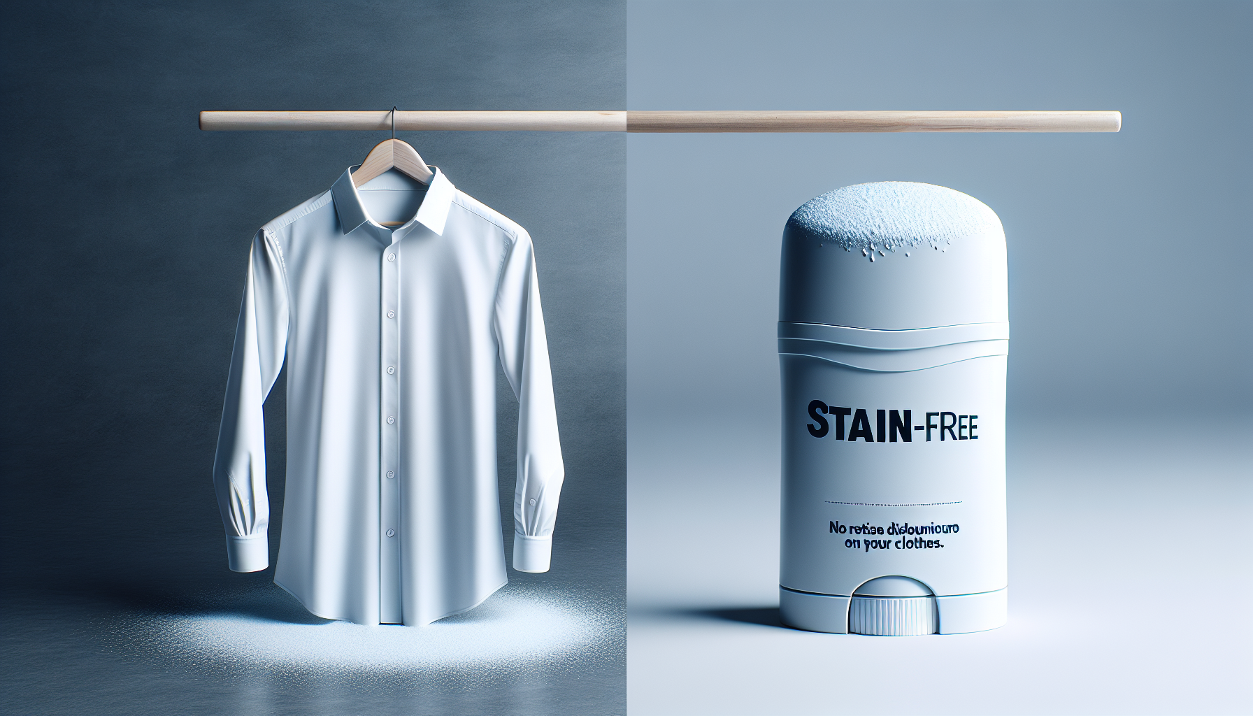 Frasco de desodorante sin manchas sobre una camisa blanca