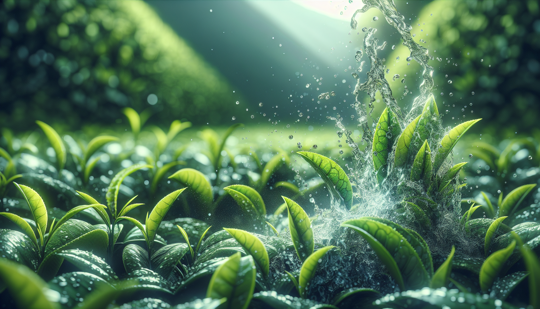 Salpicaduras de agua fresca sobre hojas de té verde