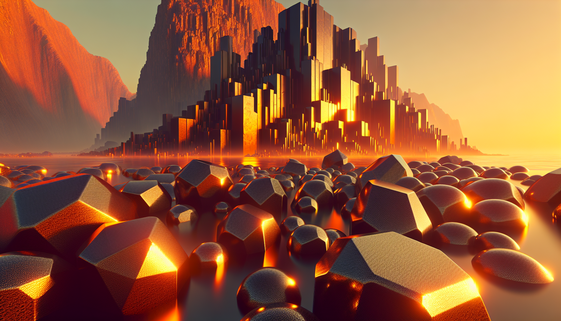 Rocas basálticas pulidas bañadas por luz ámbar temprana