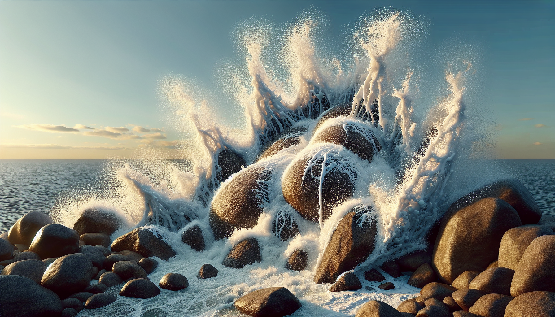 Cúmulos de espuma marina chocando contra rocas graníticas