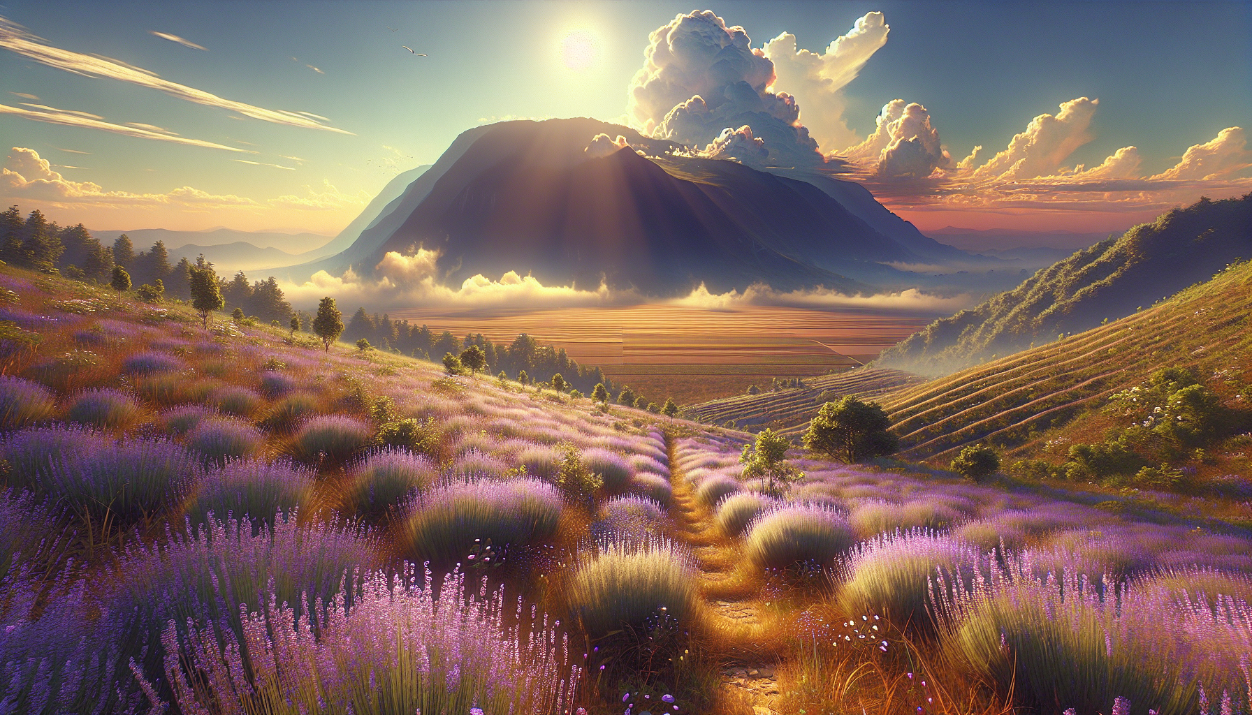 Colina soleada cubierta de flores silvestres violetas