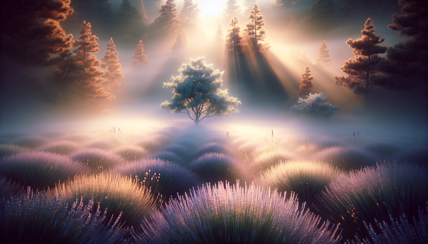 Neblina matinal disipándose sobre campo de lavanda en flor