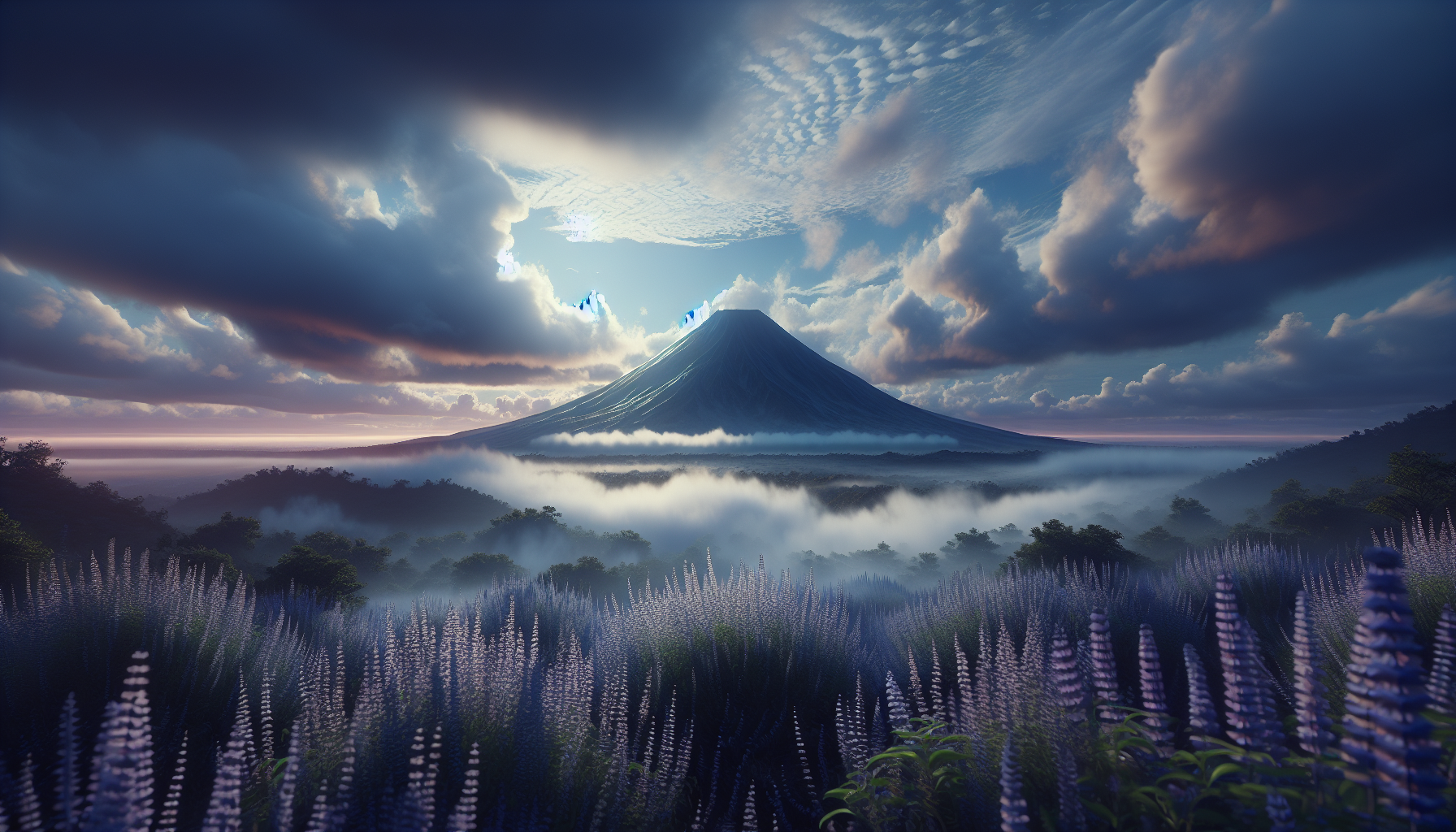 Silueta de volcán lejano tras nubecillas perfumadas de salvia