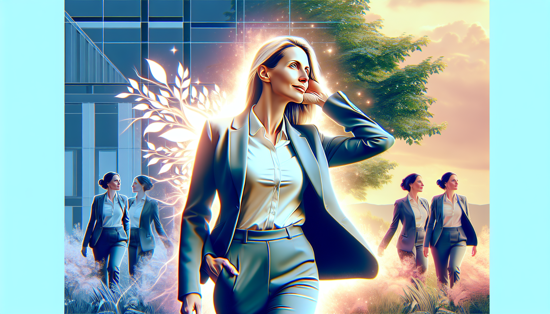 Mujer empresaria poderosa con energía rodeada de naturaleza