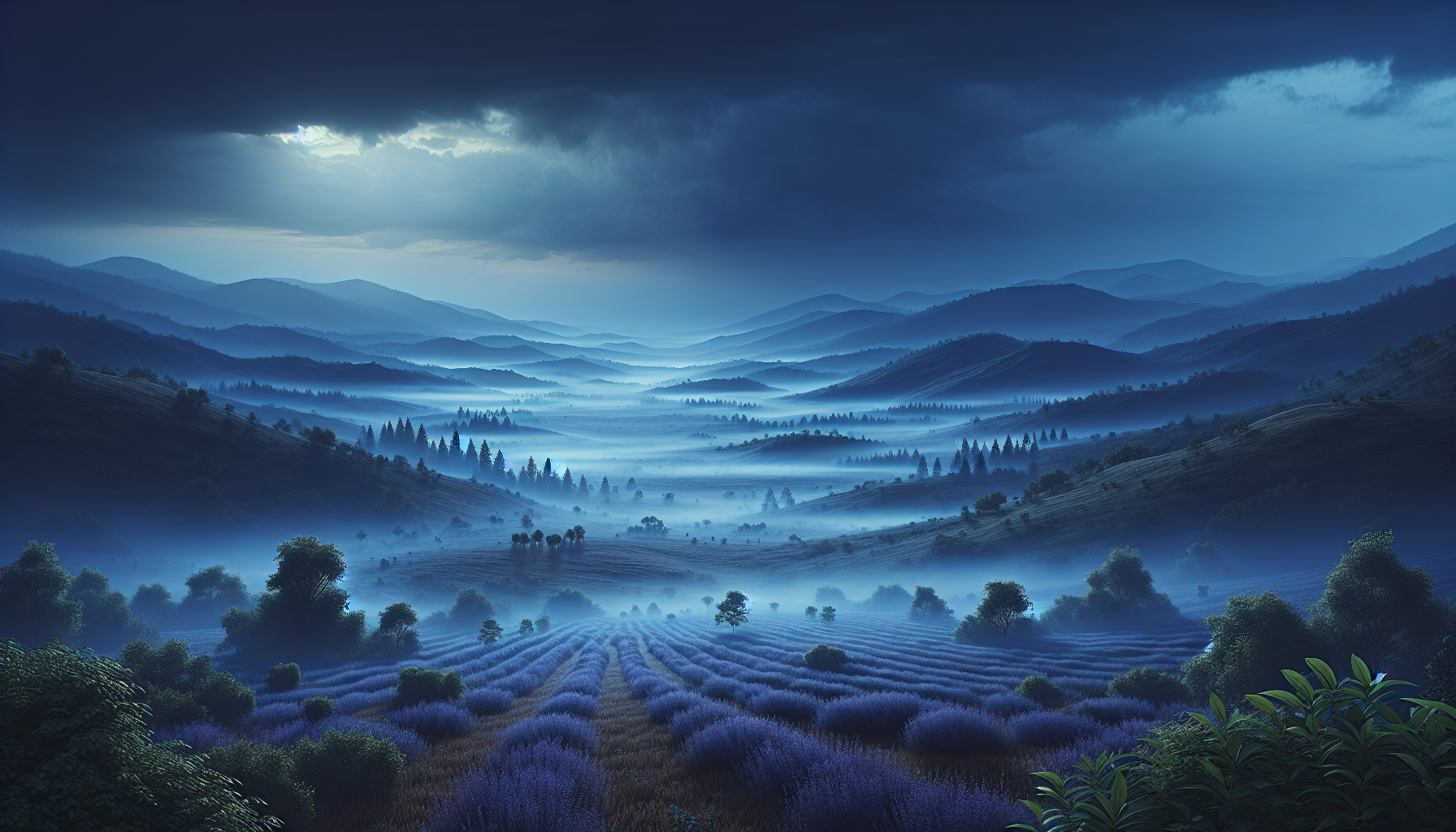 Neblina índigo perfumada de jengibre cruzando campiña abierta