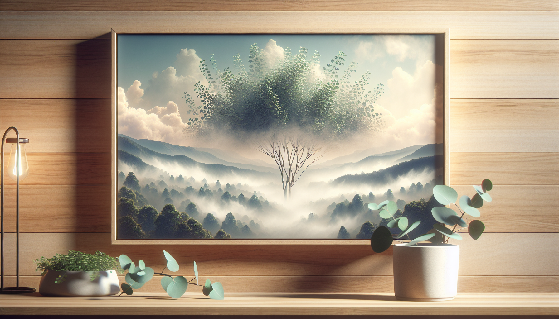 Vapor eucalipto elevándose sobre madera clara