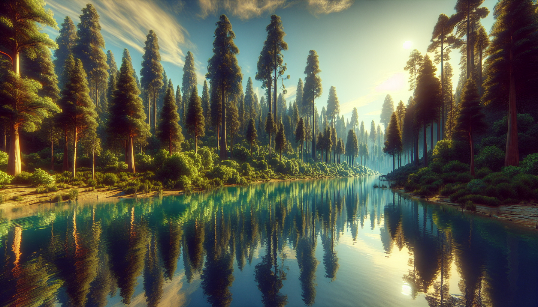 Aguas tranquilas reflejando pinos y cielo despejado