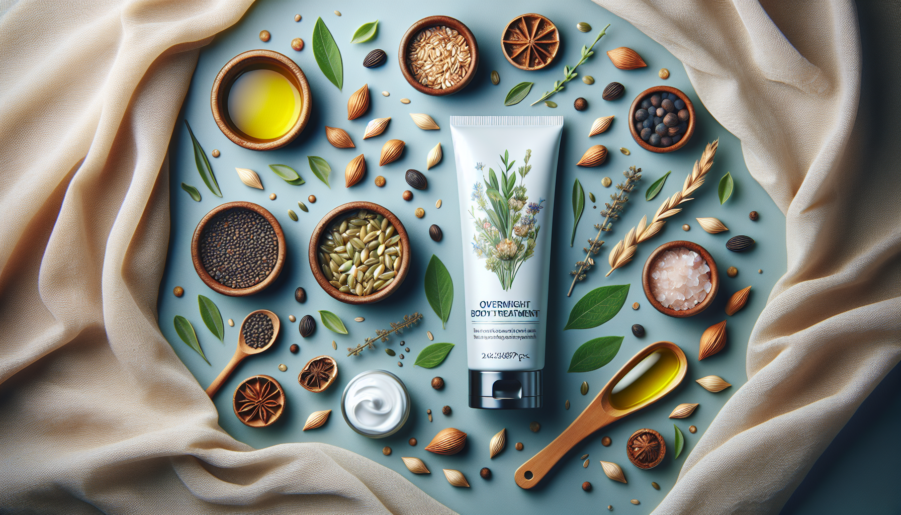 Tubo de Fresh Overnight Body Treatment rodeado de aceites y semillas naturales.
