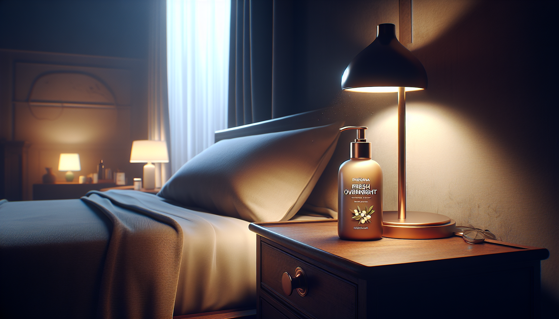 Producto Fresh Overnight de RINGANA sobre mesita de noche iluminada por luz tenue.