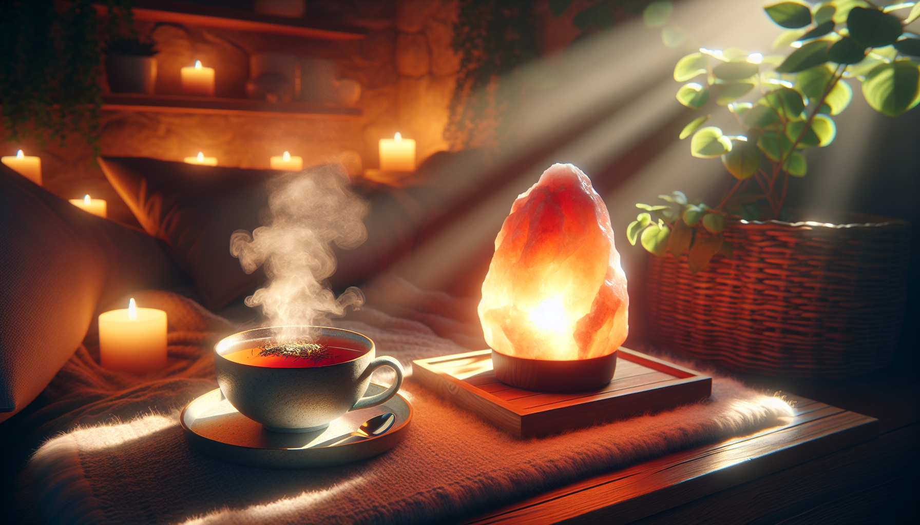 Taza de rooibos humeante junto a lámpara de sal rosada