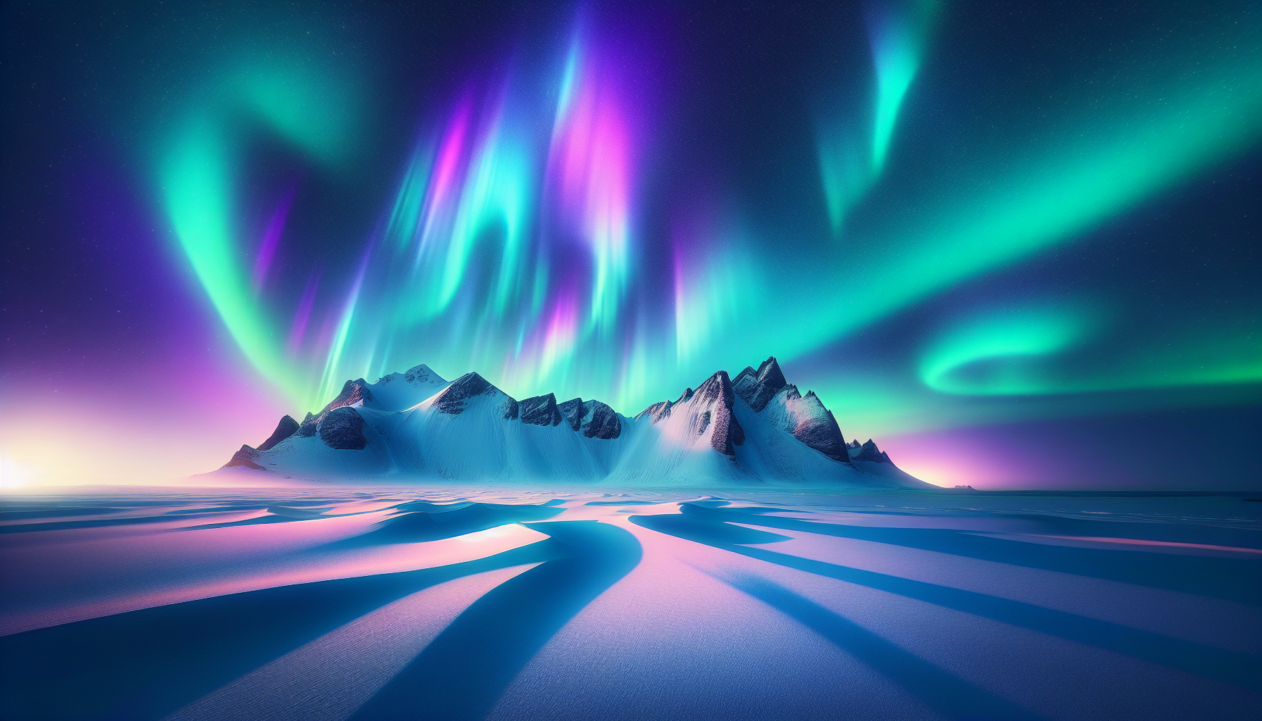 Aurora boreal reflejando colores vibrantes sobre nieve limpia