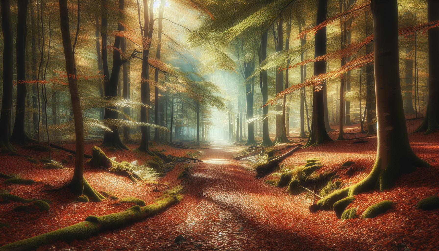 Camino forestal cubierto de hojas otoñales bajo cielo limpio