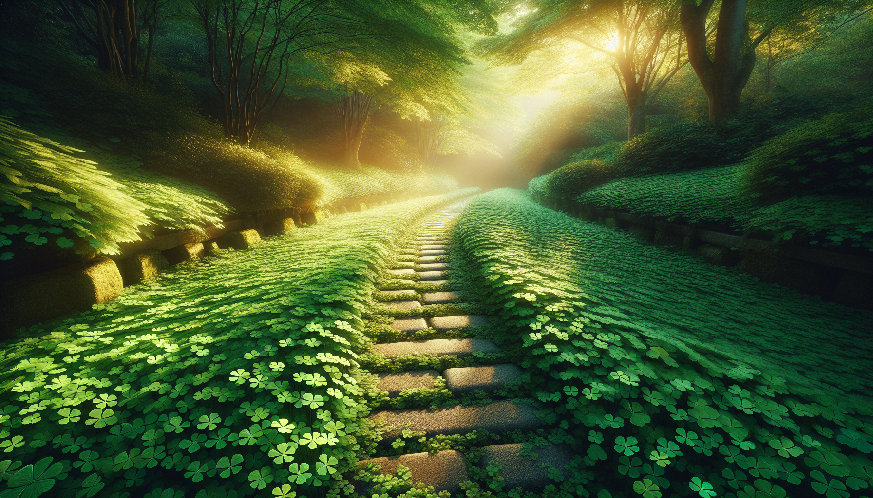 Sendero cubierto de tréboles iluminado por sol matutino