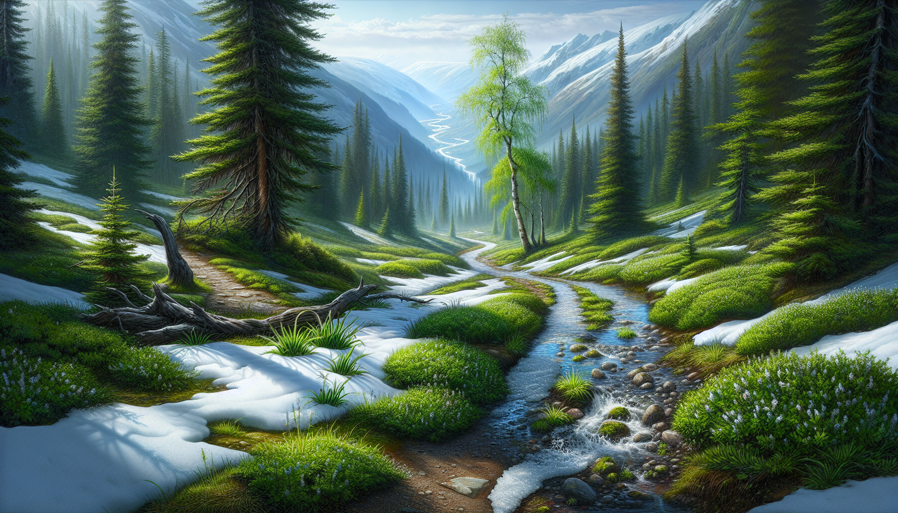 Sendero alpino con arroyos de agua de deshielo y tomillo