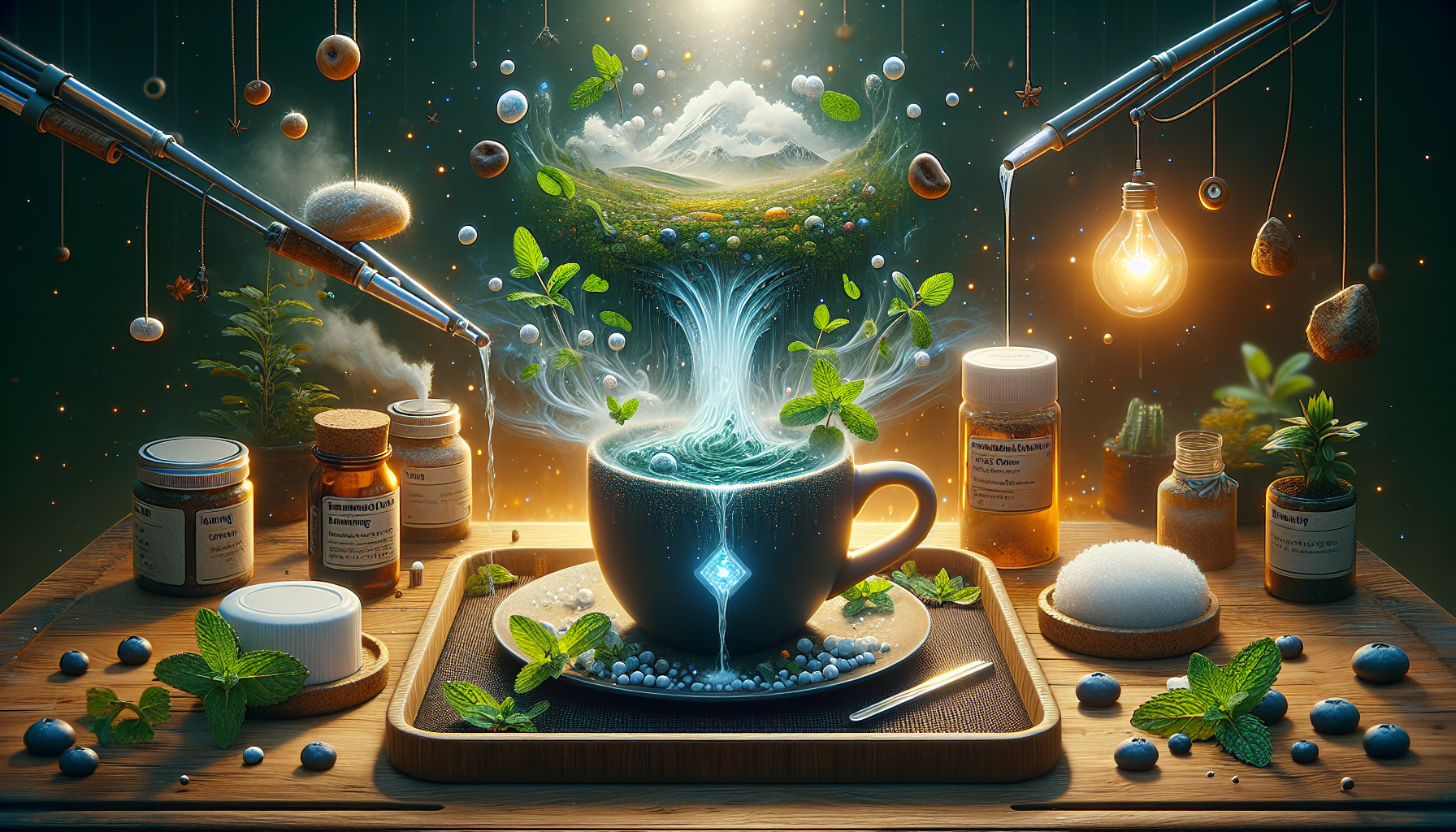 Vapor de menta elevándose sobre taza de té energizante