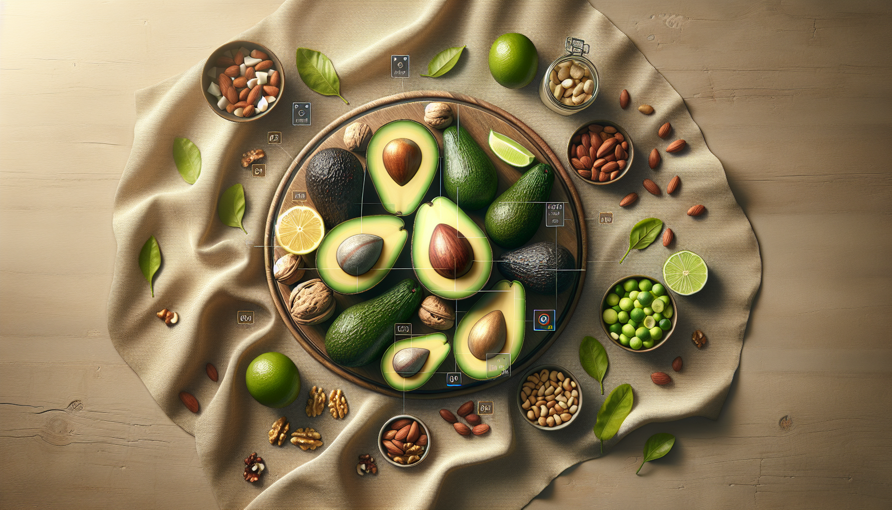 Tabla de aguacate, nueces y lima sobre lino color natural