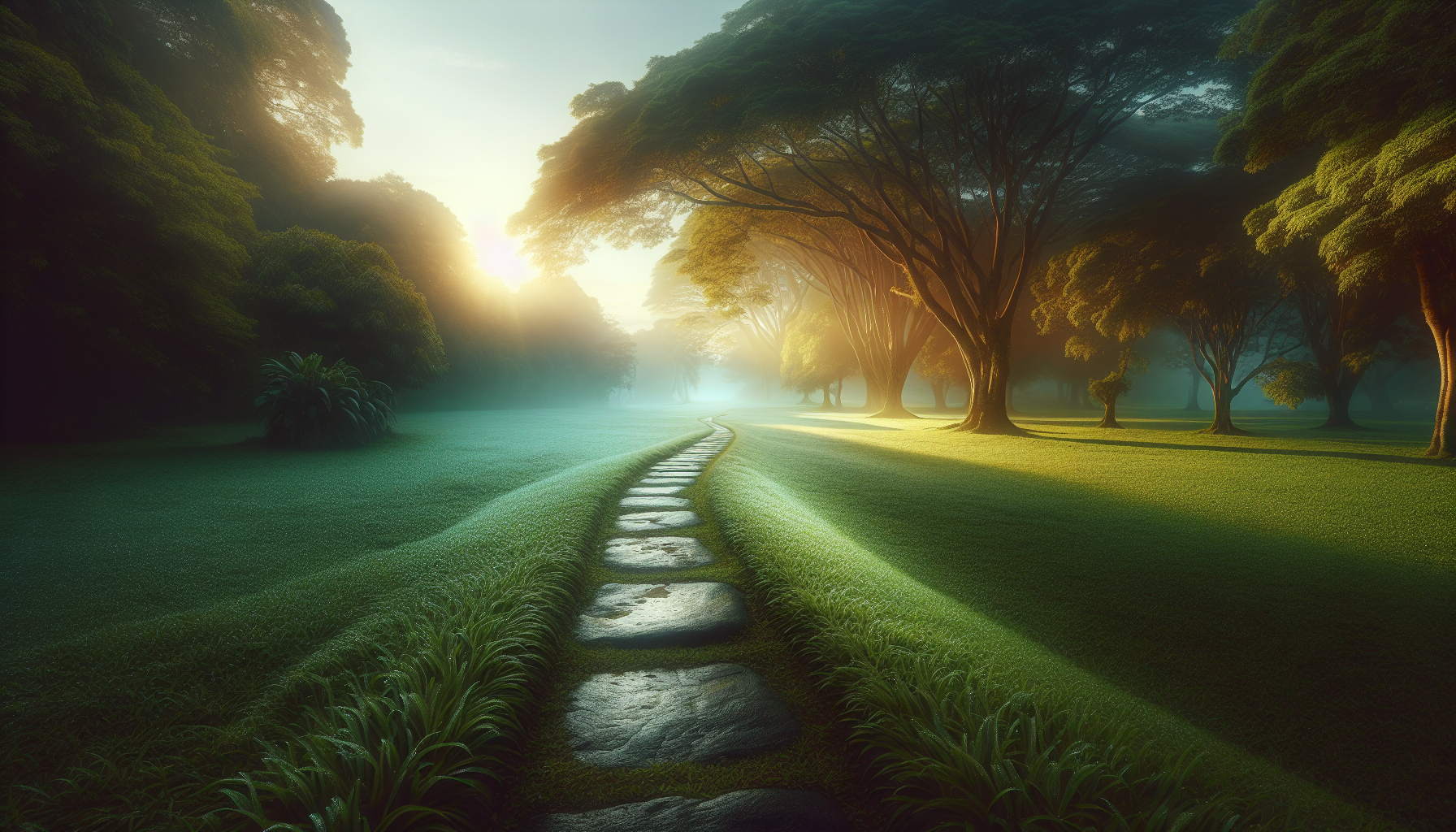Césped cubierto de rocío con camino de luz matinal