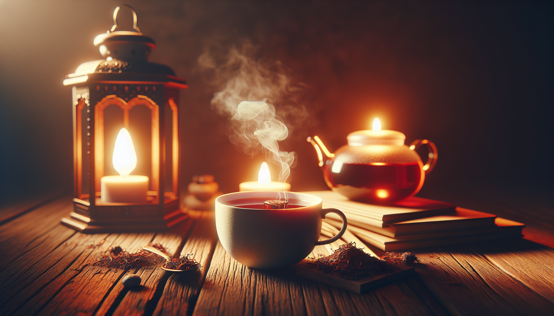 Taza de rooibos humeante junto a lámpara cálida en madera