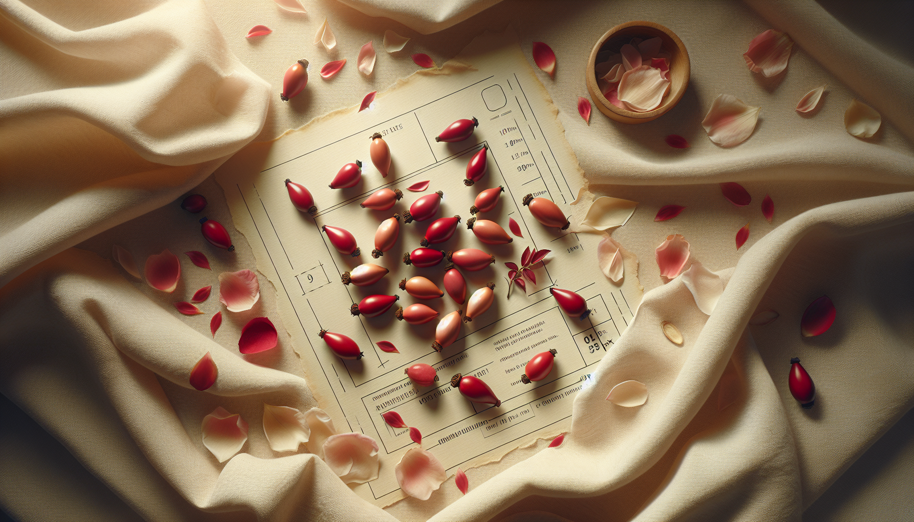 Pétalos de rosa mosqueta extendidos sobre seda cruda color marfil