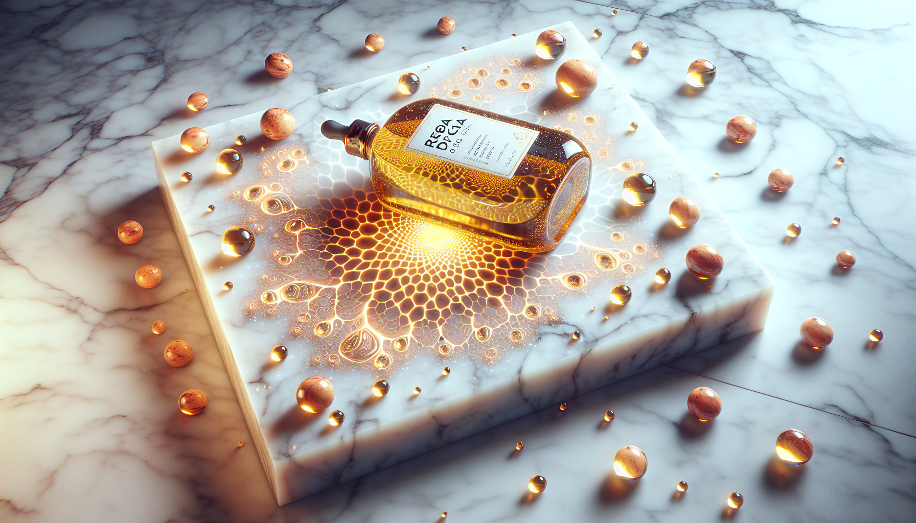 Destellos de aceite de argán sobre vetas de mármol claro