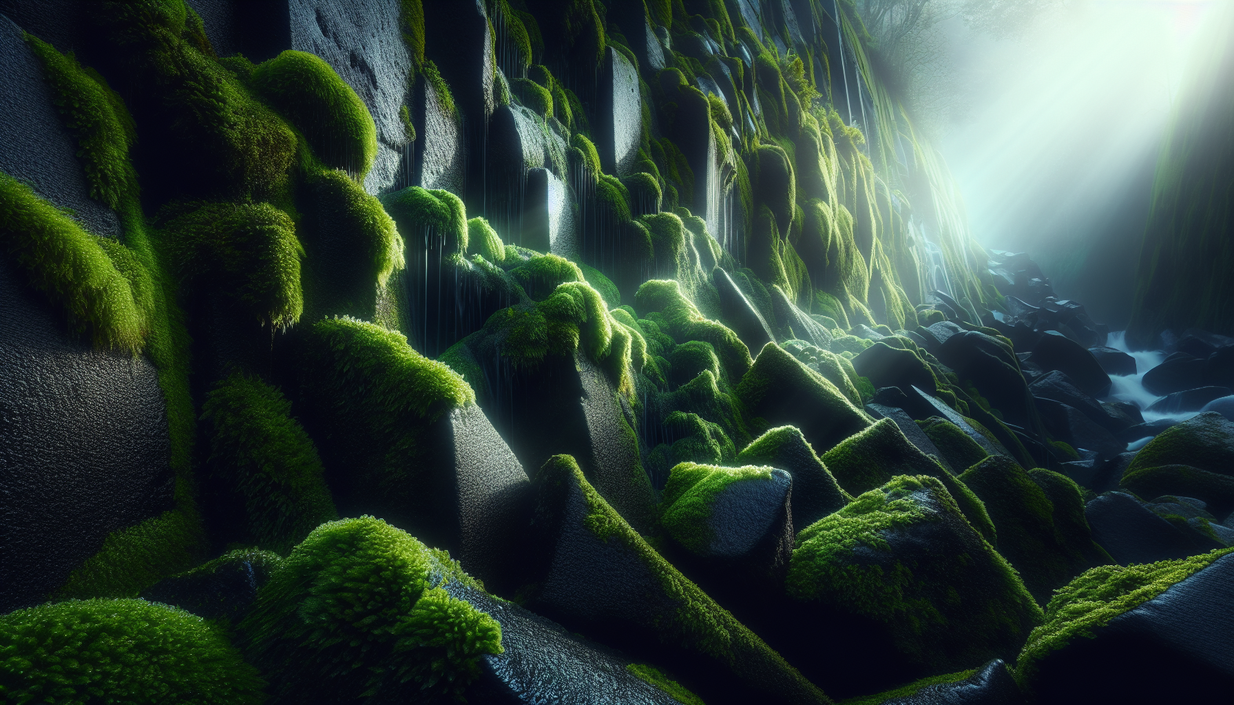 Pared rocosa iluminada por musgo esmeralda y gotas de rocío