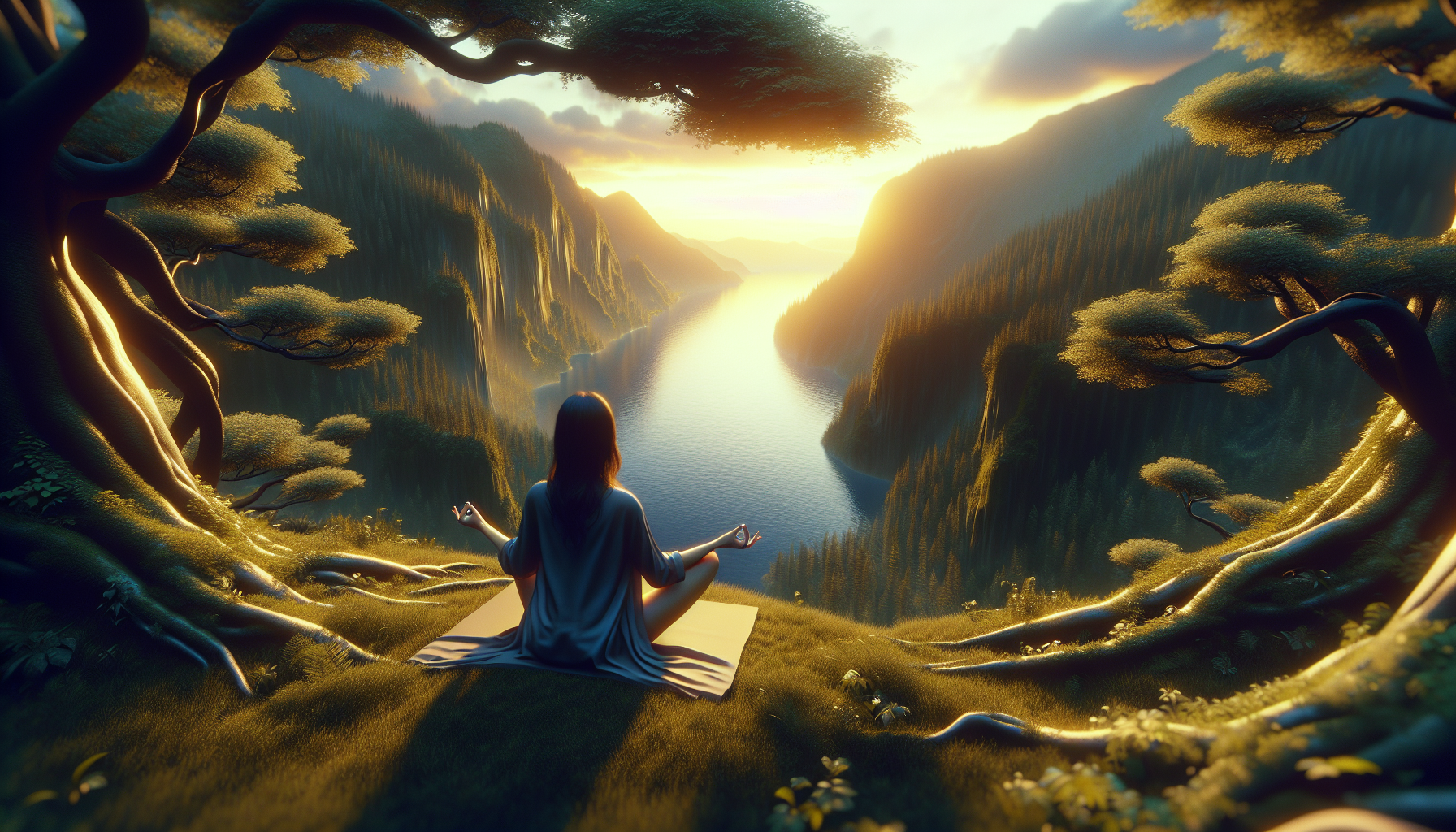 Ilustración de una mujer meditando rodeada de naturaleza
