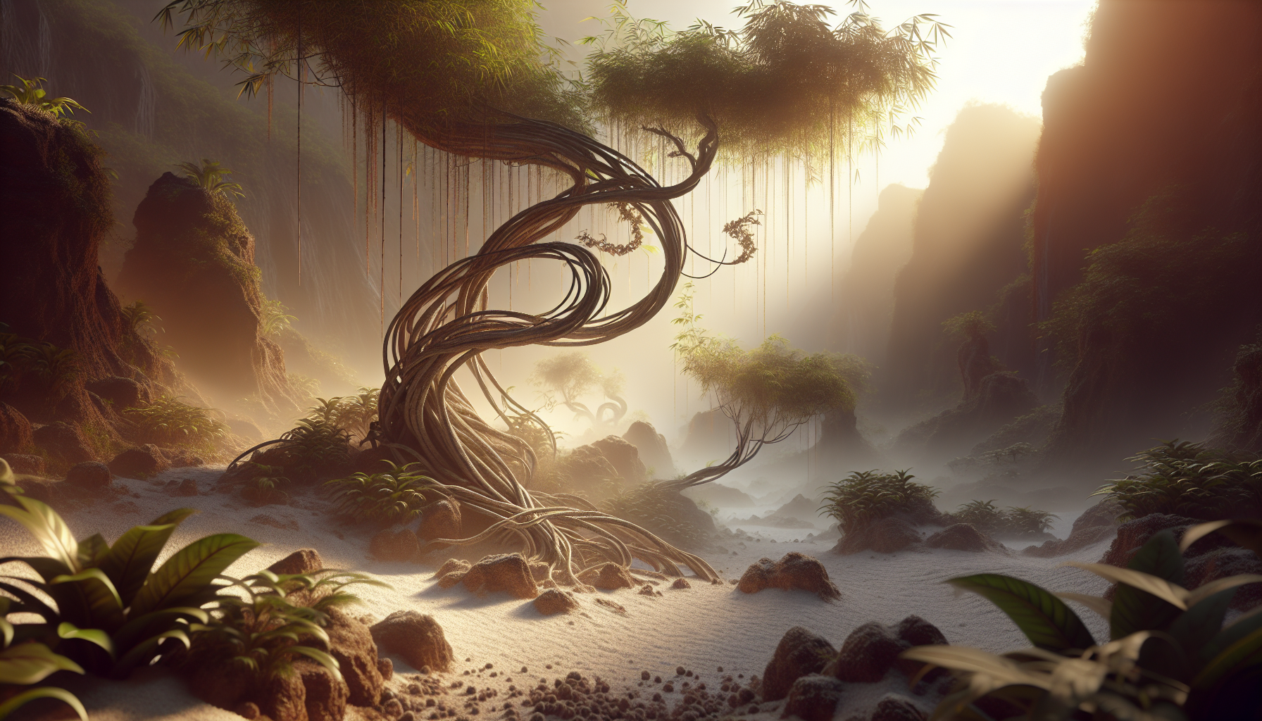 Ramas de bambú flexibles oscilando sobre un suelo de maca en polvo