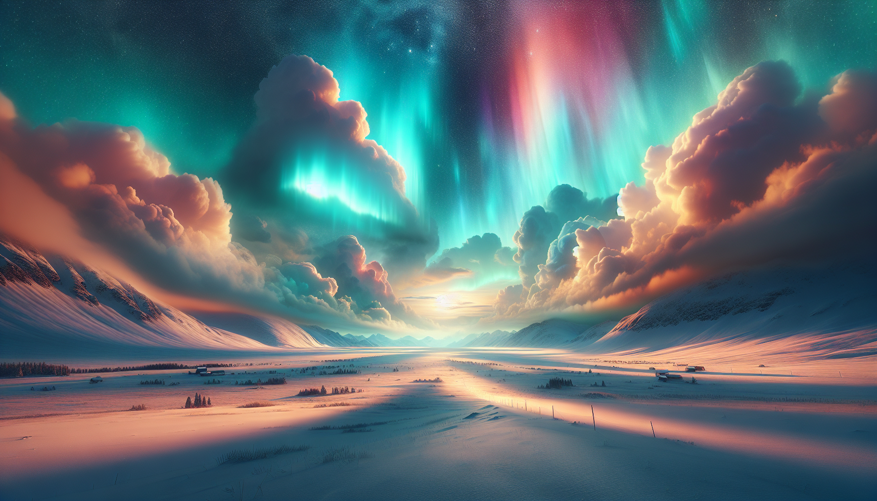 Luz polar coloreando nubes sobre planicie nevada