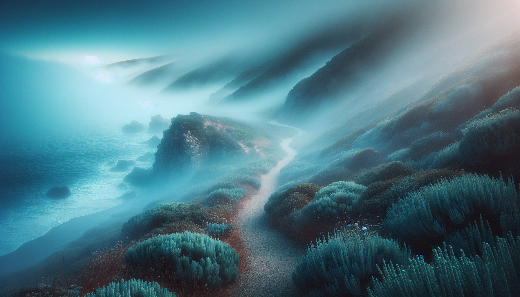 Senda marina con bruma fresca y salvia costera