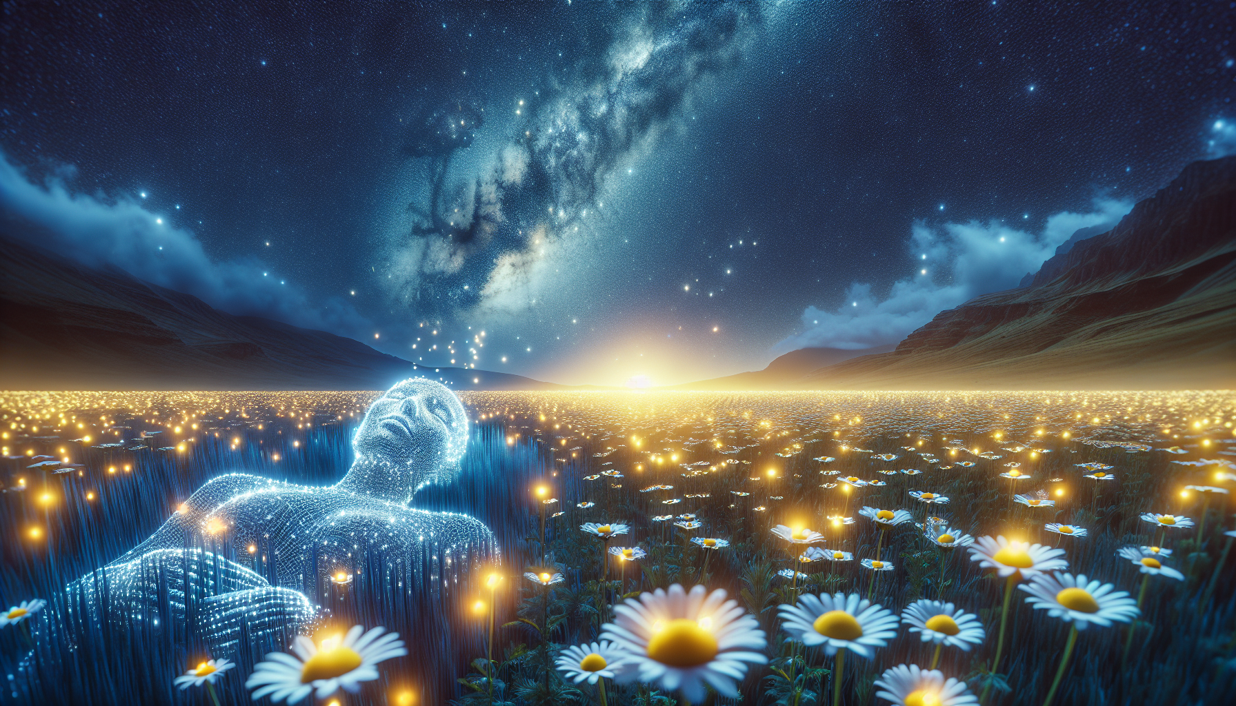 Cielo nocturno salpicado de estrellas sobre campo de manzanilla