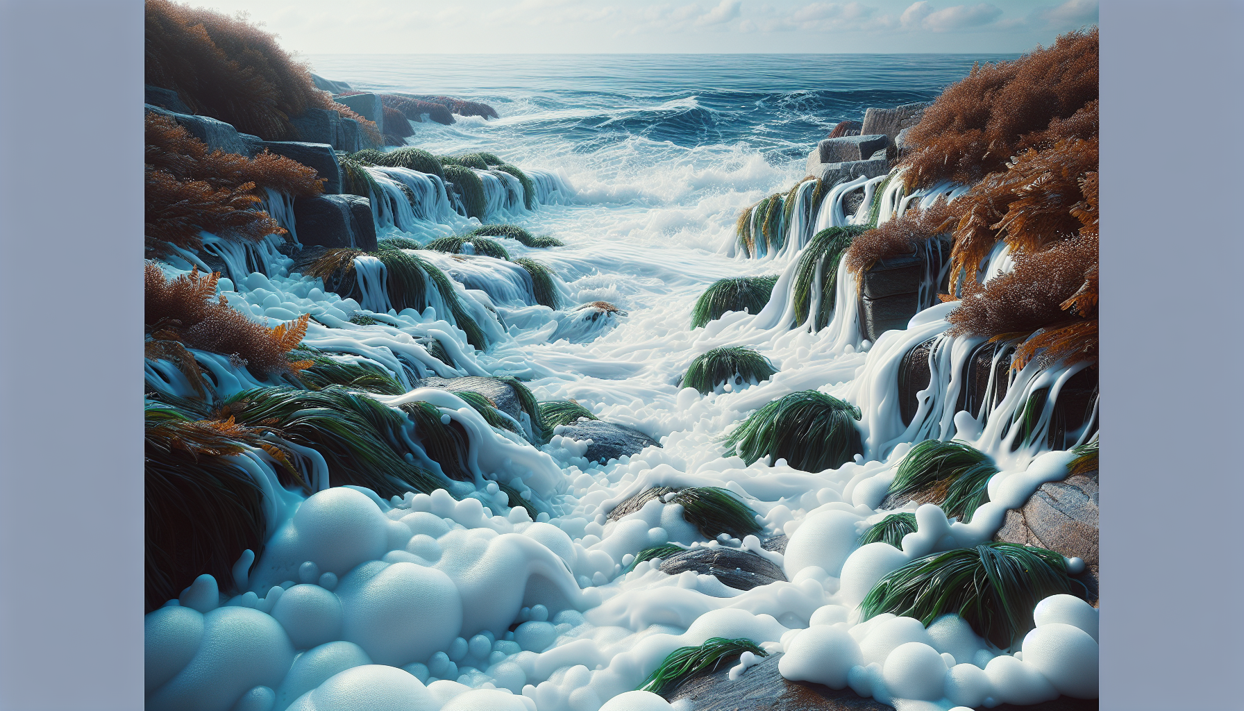 Sendero costero con espuma blanca y algas marinas frescas