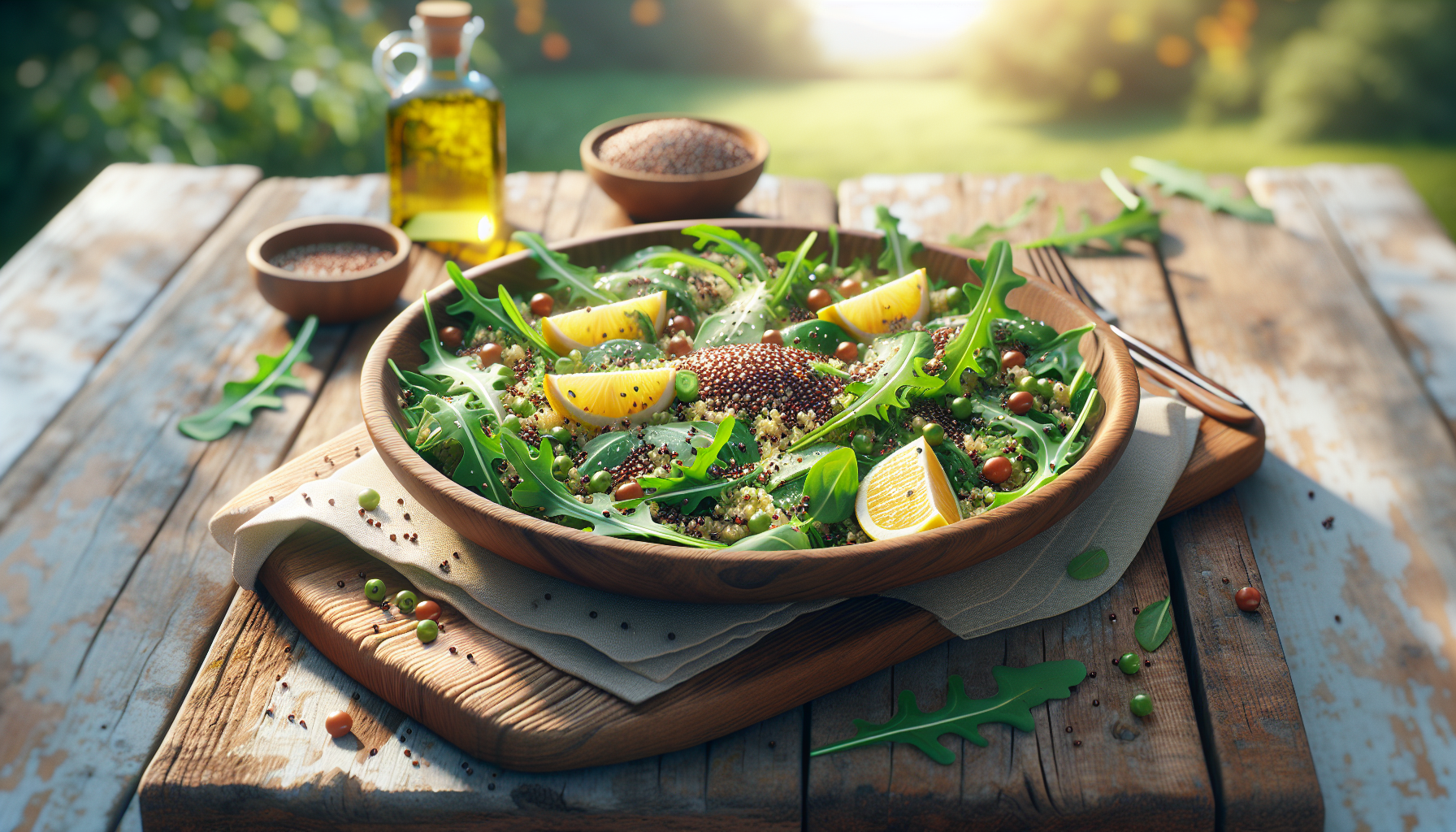 Mesa rústica con ensalada de rúcula, quinoa y aceite de linaza