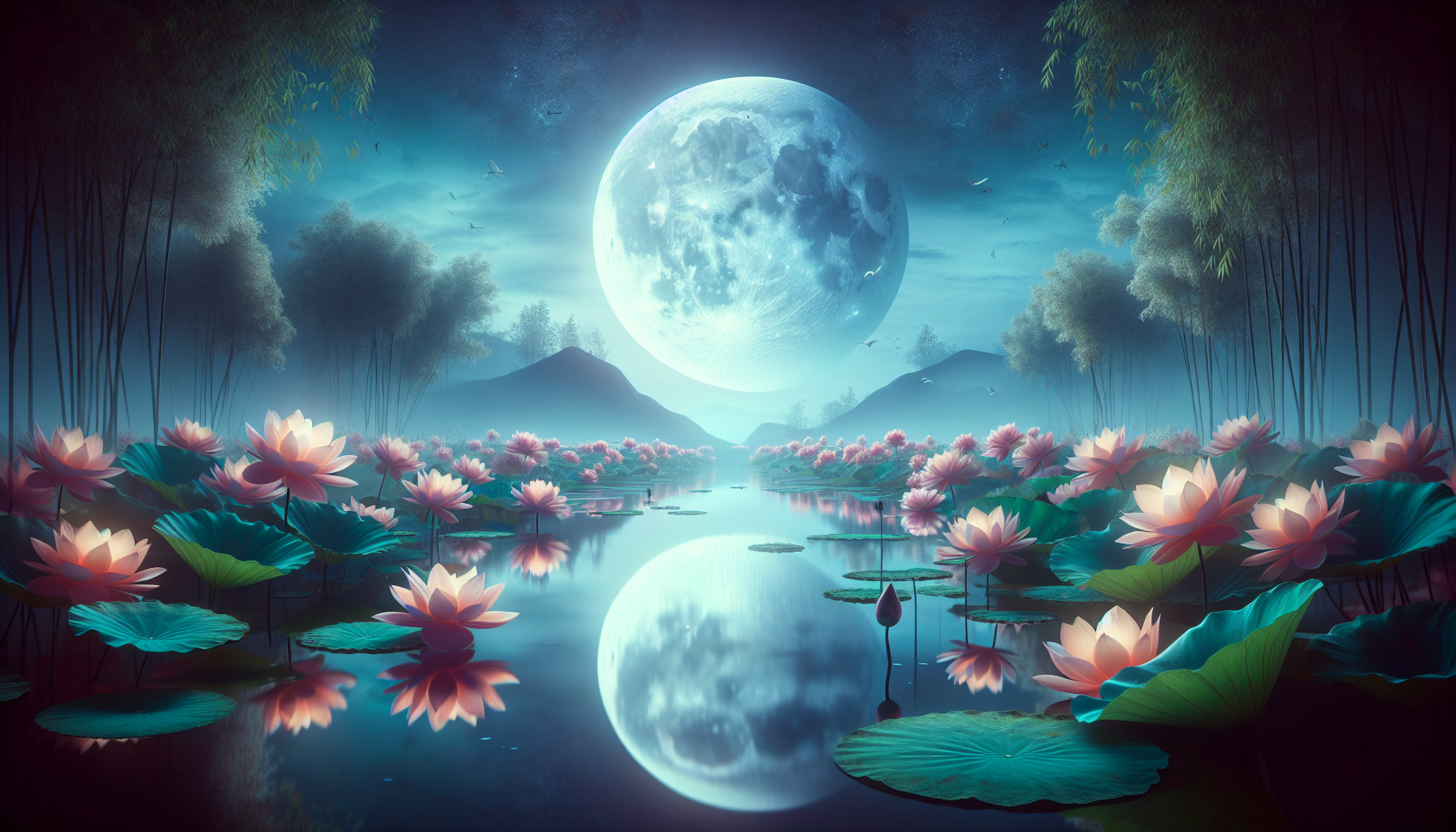 Luna llena reflejada en estanque rodeado de flores de loto