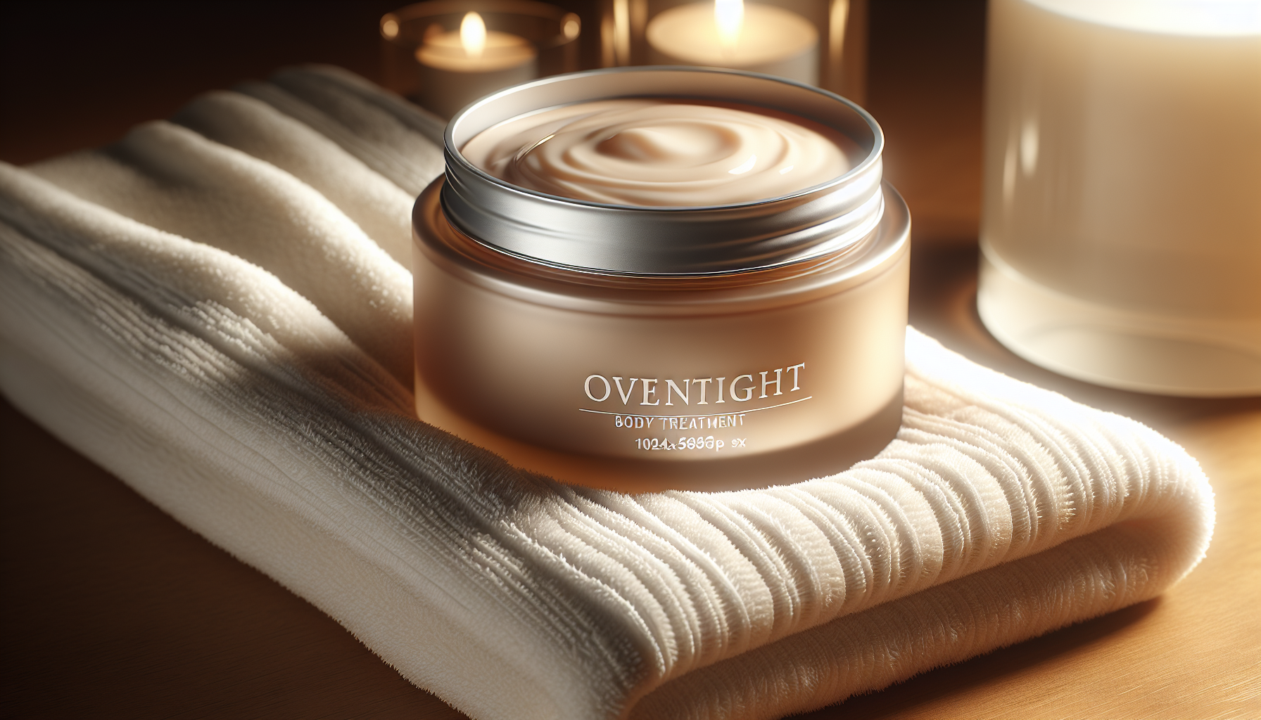 Tarro de Overnight Body Treatment RINGANA apoyado sobre una toalla de algodón.