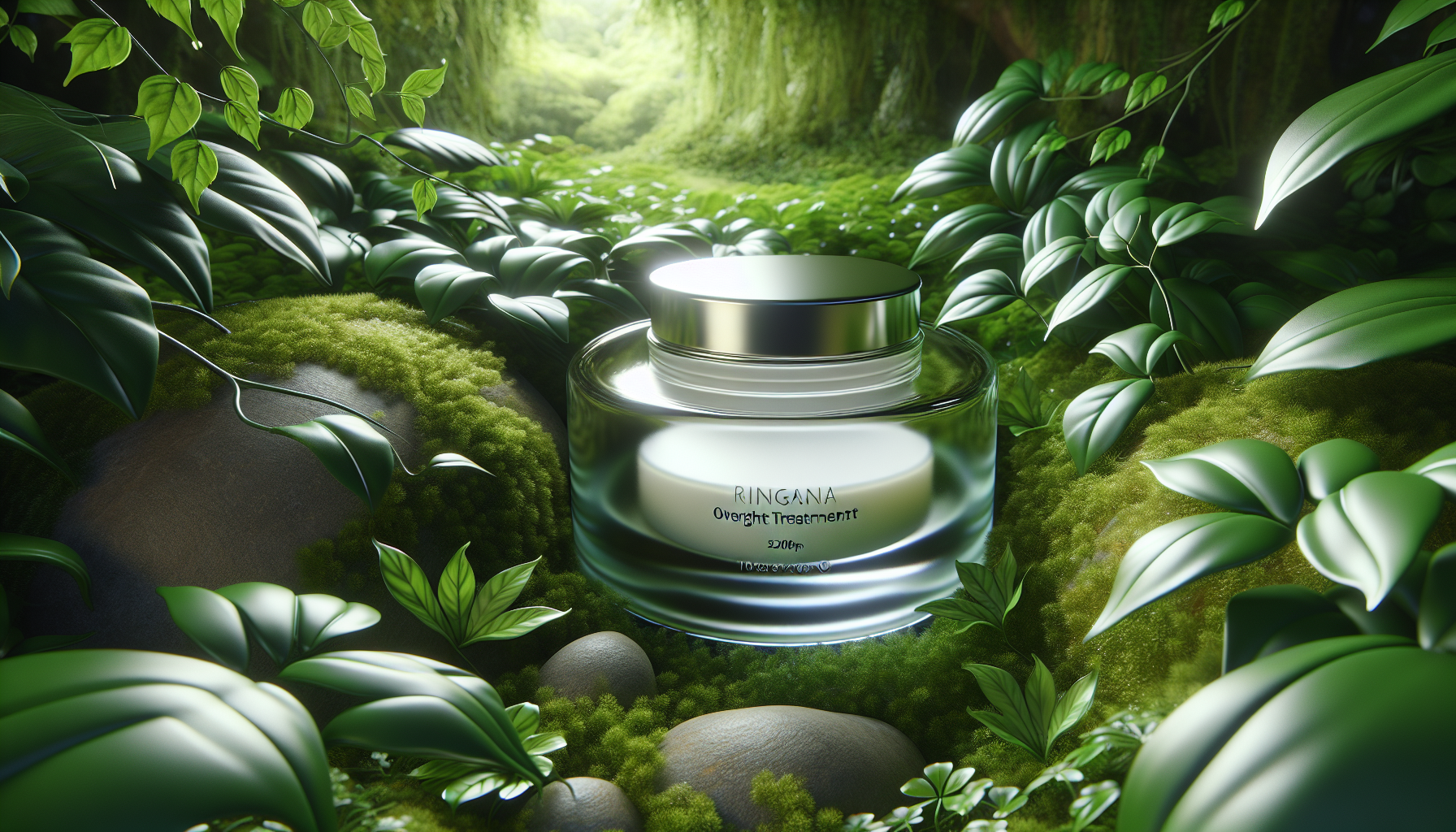 Envase de Overnight Treatment RINGANA acompañado de hojas verdes que evocan naturalidad.