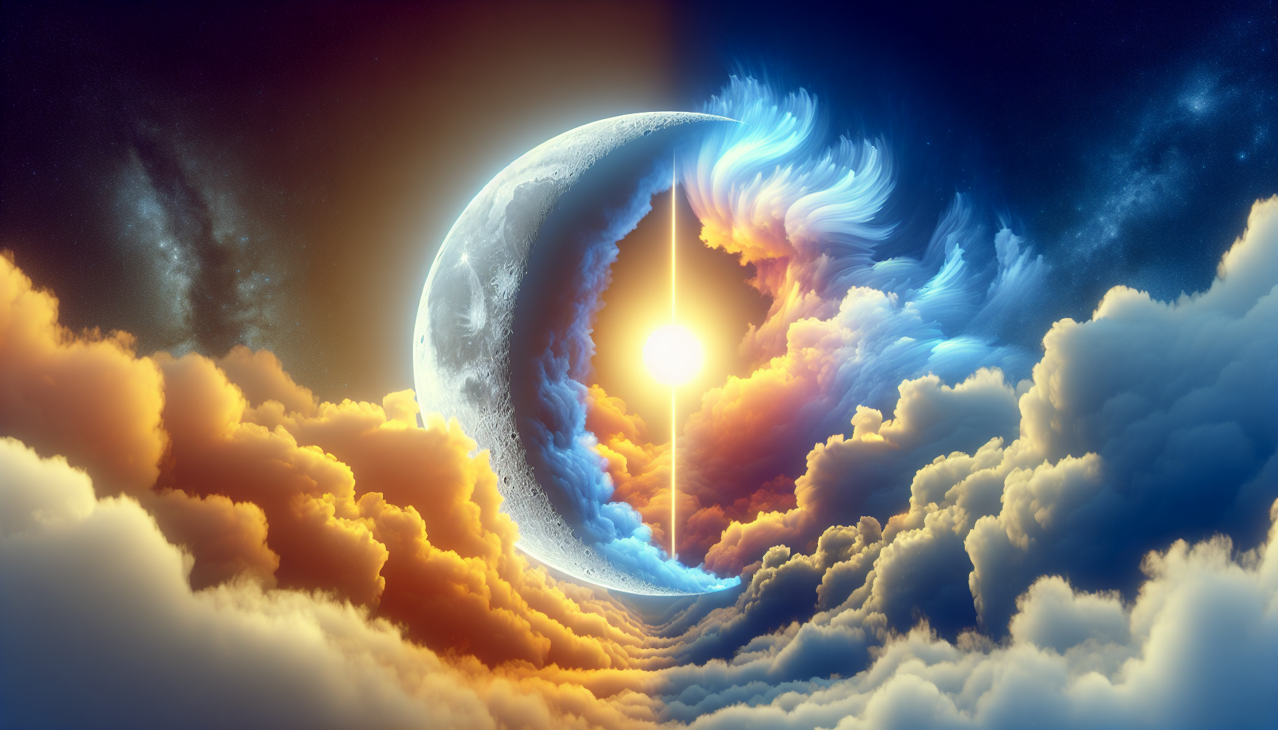 Media luna transformándose en sol radiante tras nubes ligeras