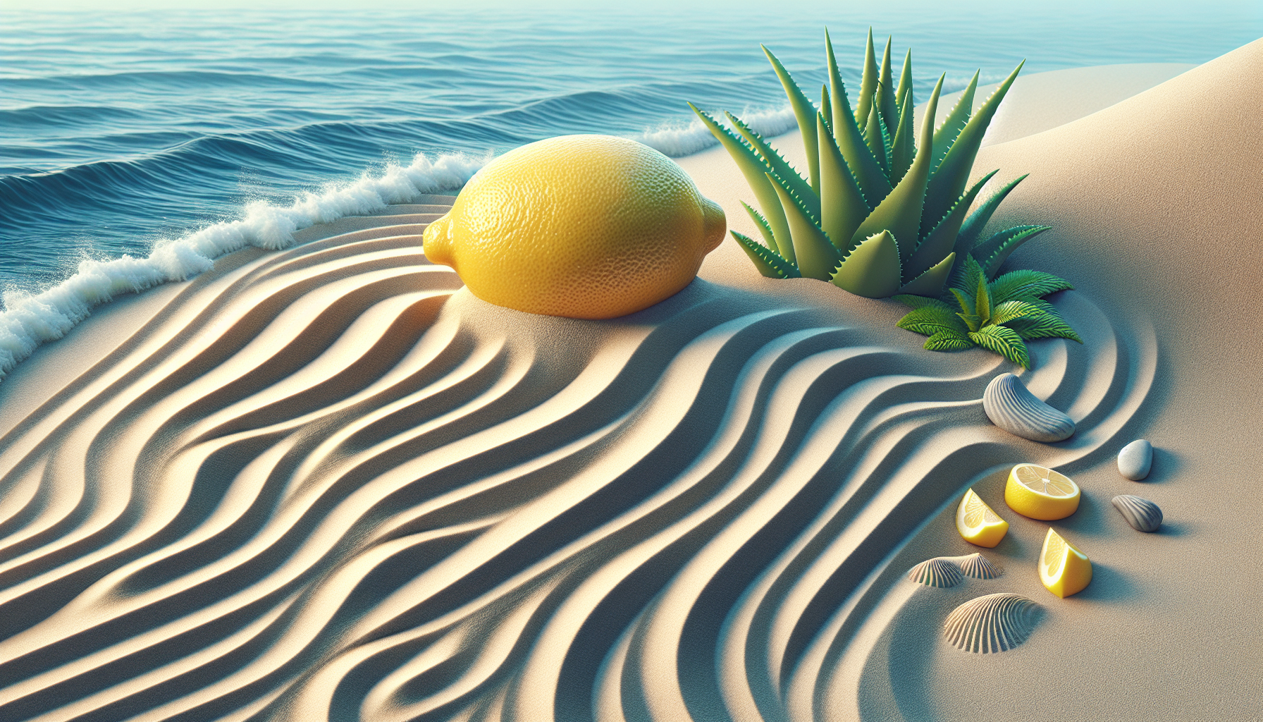 Arena fina trazada en ondas suaves junto a limón y aloe