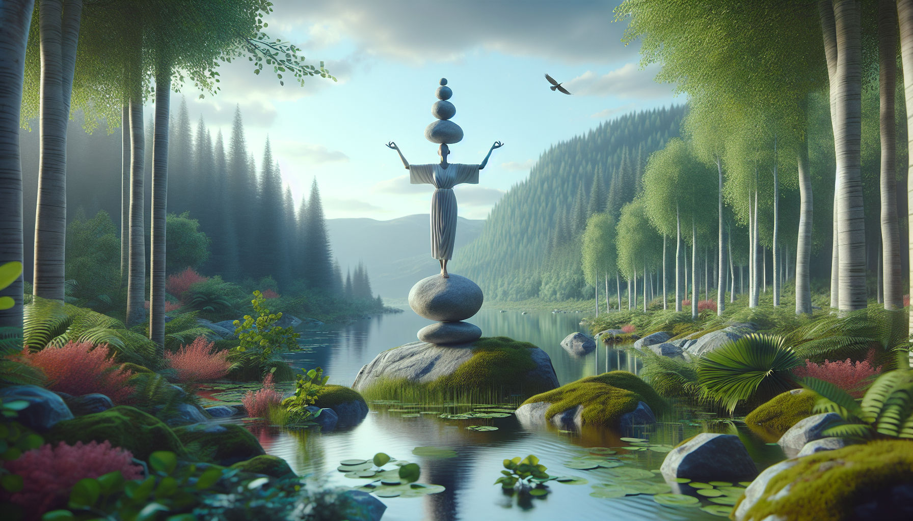 Mujer equilibrando piedras en un entorno natural