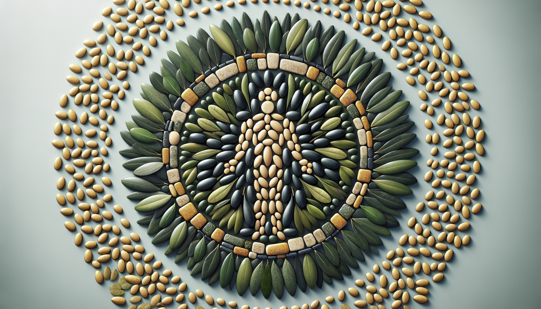 Plano cenital de hojas de olivo formando mosaico circular